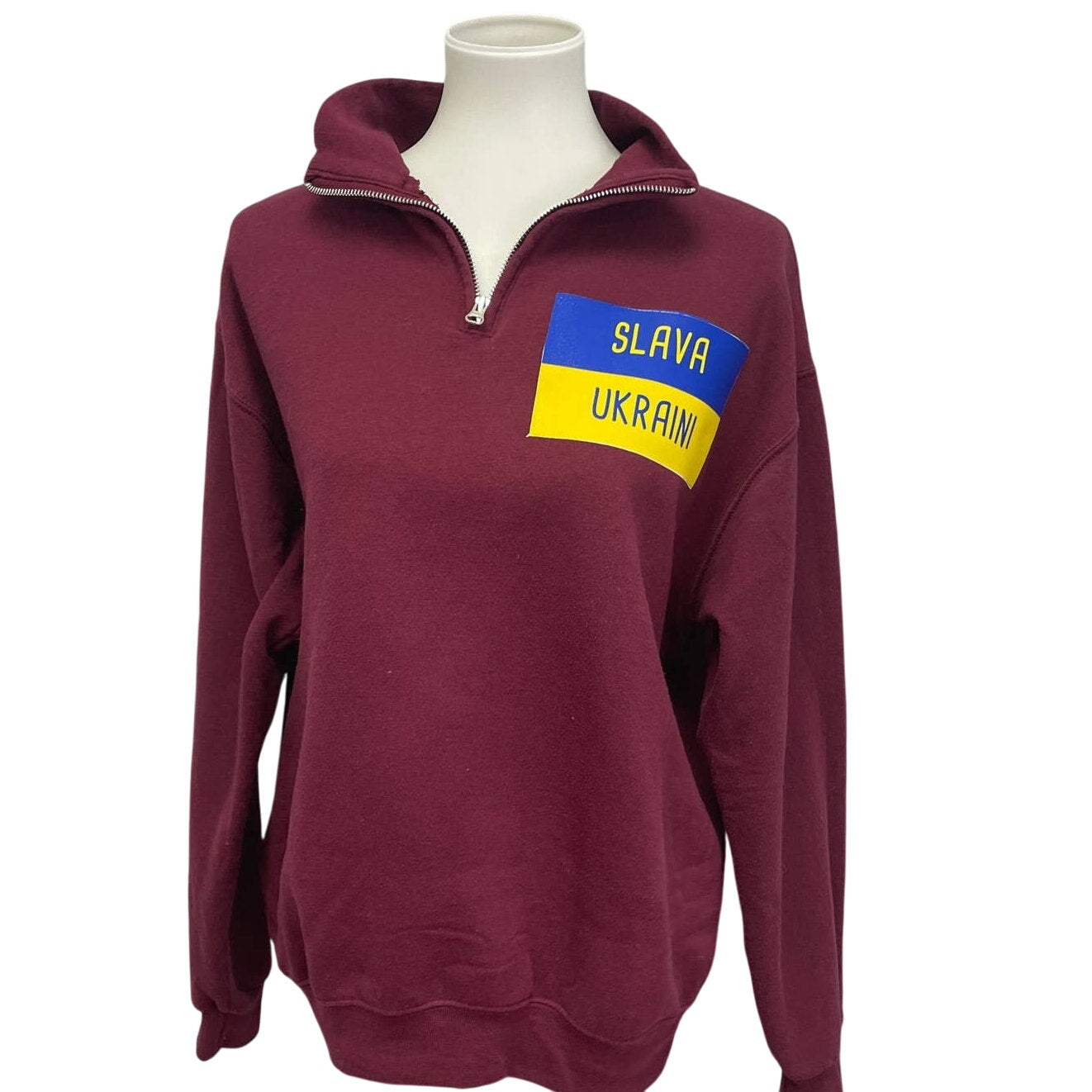 Hand Printed Upcycled Mens Medium Slava Ukraini Long Sleeve 1/4 Zip Sweatshirt