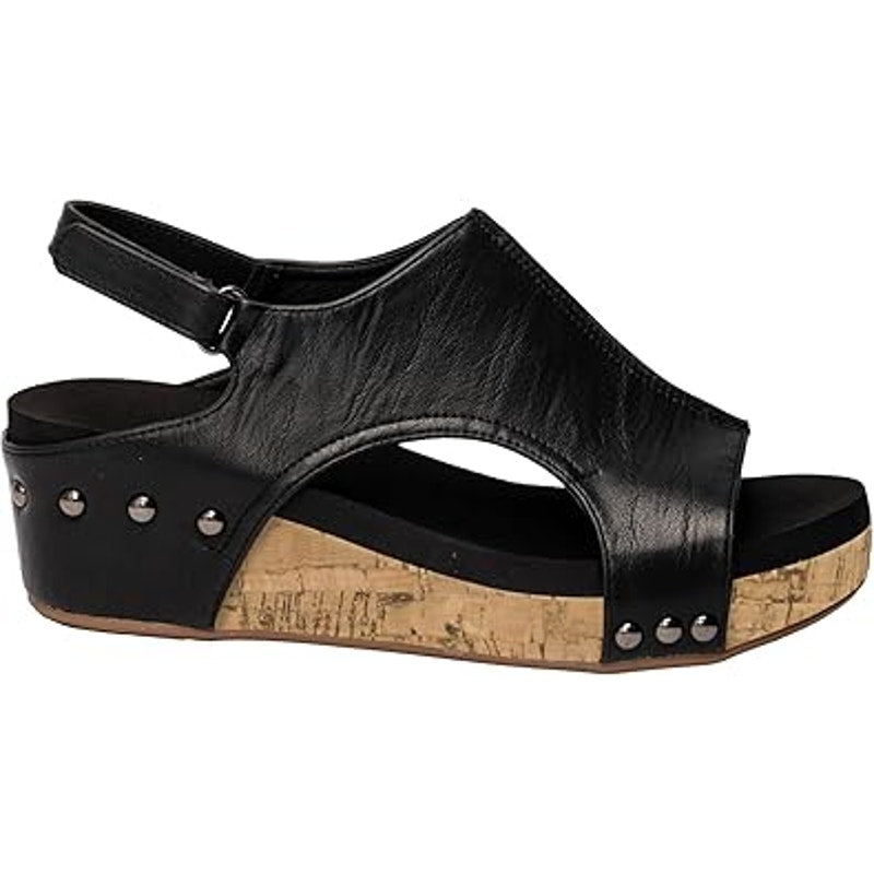 Party Womens Size 7 Black Faux Leather Hook Loop Strap 2" Cork Platform Sandals
