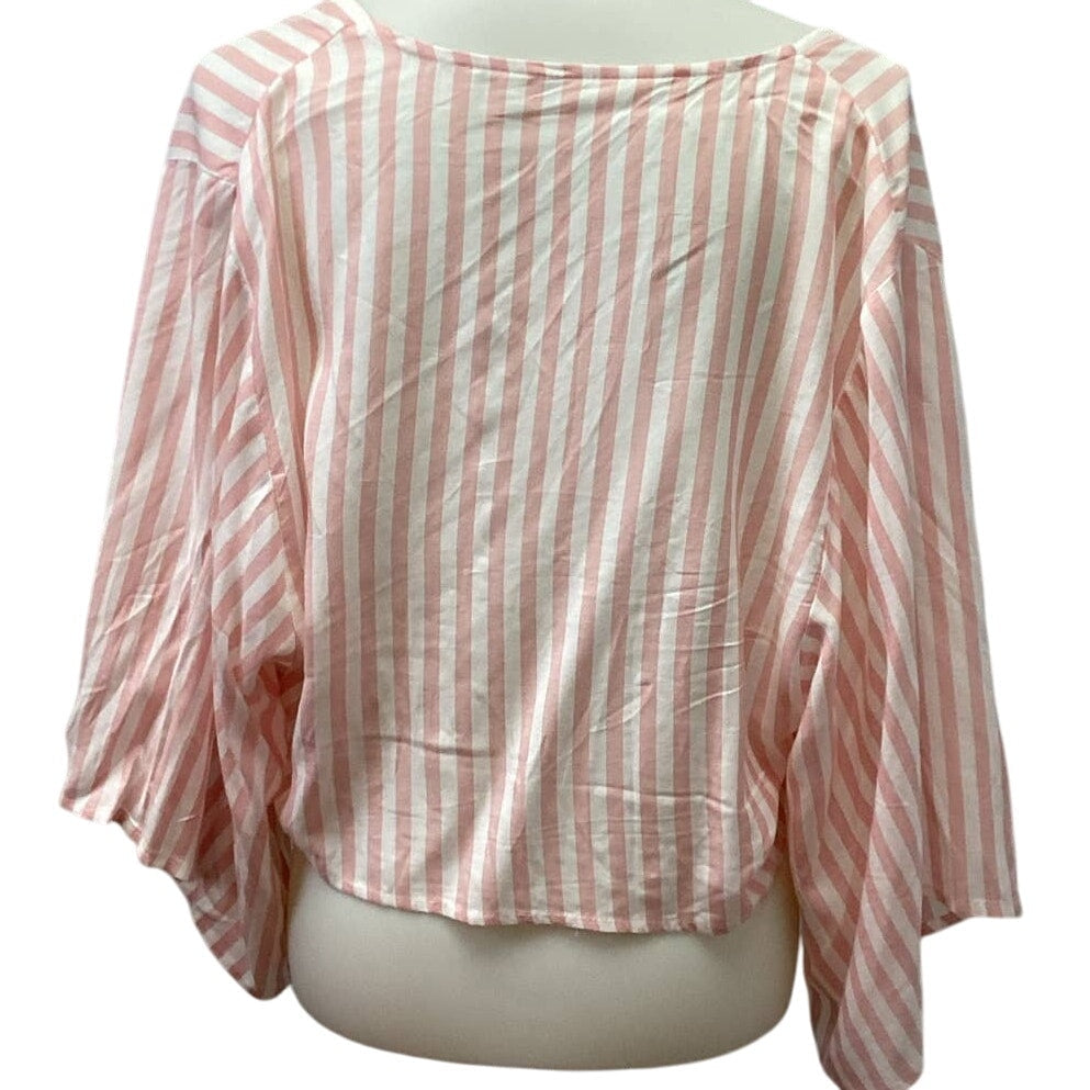 Cute Womens Medium Striped Long Flowy Sleeve 100% Viscose Front Tie Blouse Top