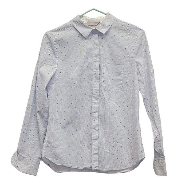 H&M Womens Size 4 Stretch Cotton Pin Stripe Heart Long Sleeve Button Up Shirt