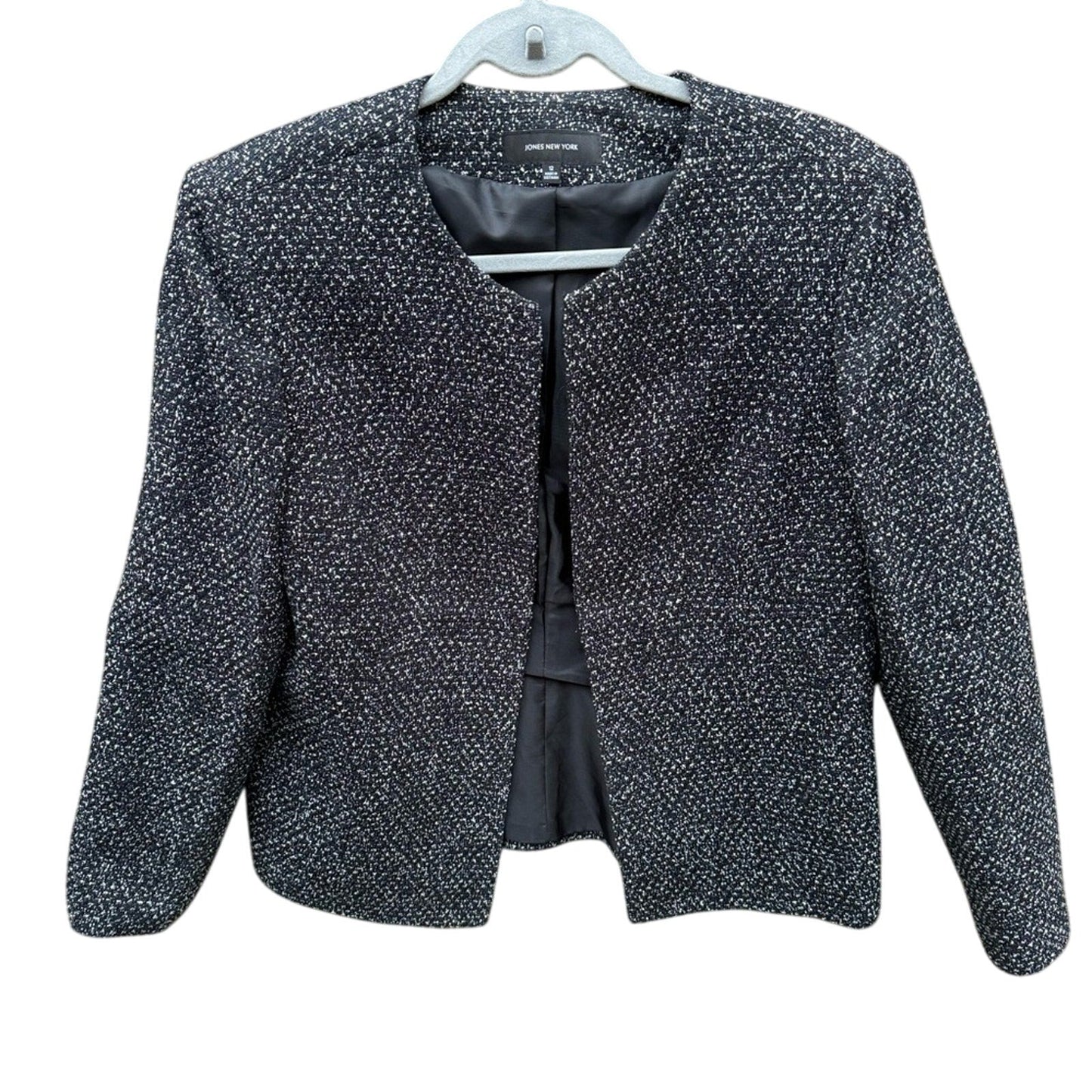 Jones New York Womens Size 12 Black White Career Open Front Jacket Blazer