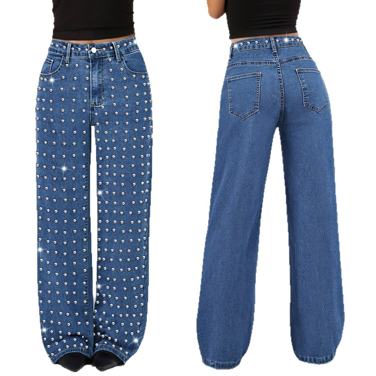 Blue jeans with rhinestone embellishments on a white background
