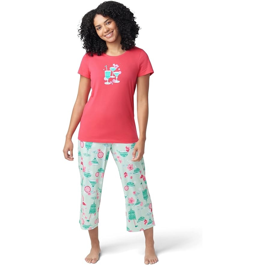 HUE Womens Medium Tipsy in Tucket Short Sleeve Shirt Capri Pants 2 Piece Pajamas