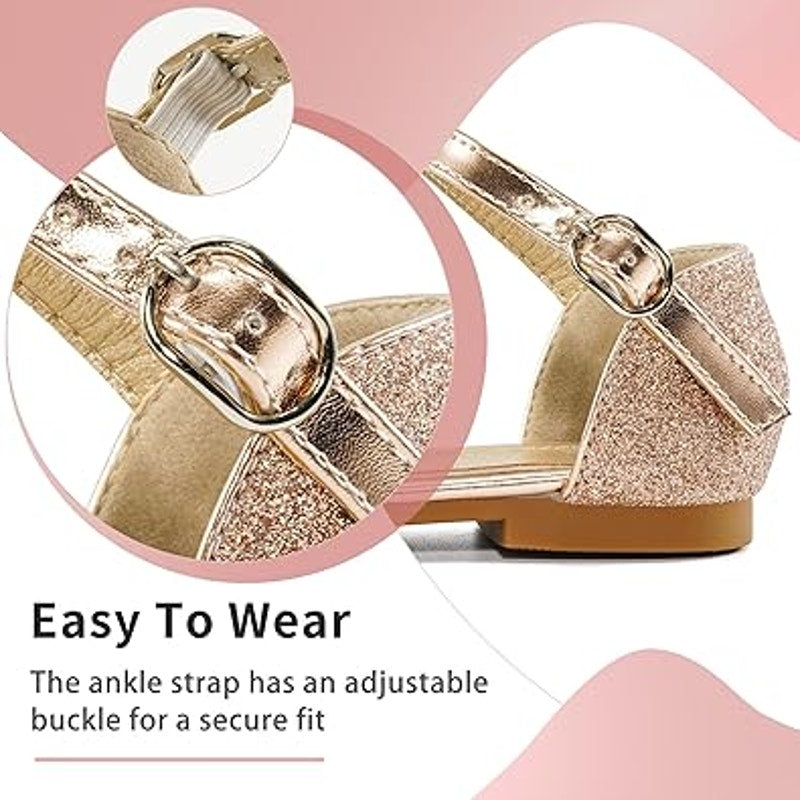 Aomigoct Girls Size 1 Rose Gold Silver Bow Glitter Princess Flat Sandal Shoes