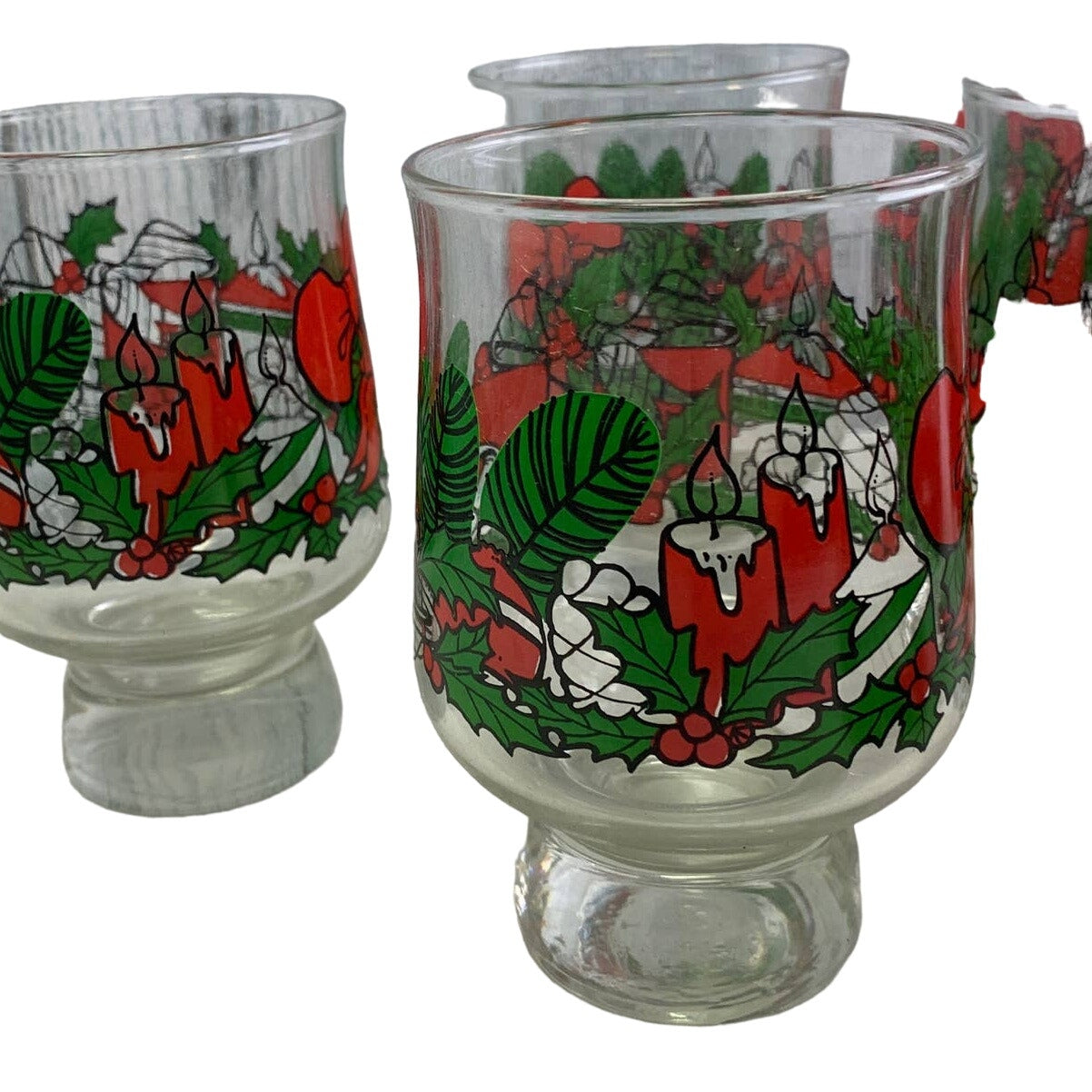 Lot of 11 Vintage Footed Christmas Wreath Candle Seasons Greetings Drink Glasses
