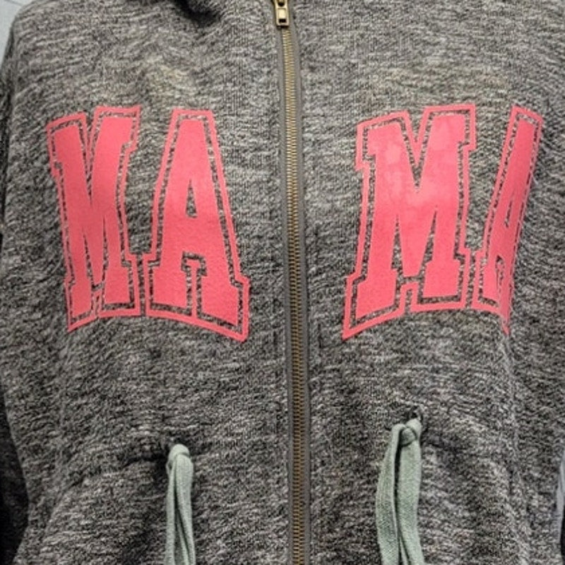 Hand Printed Upcycled Womens Small Mama Gathered Waist Full Zip Hoodie Jacket