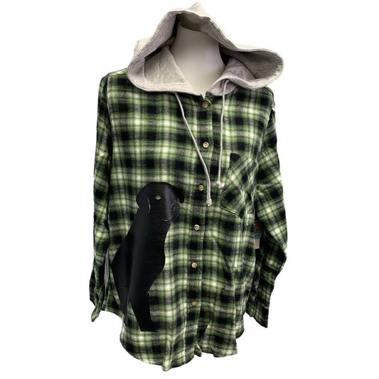 New Hand Printed Womens XL Black Lab Dog Long Sleeve Plaid Flannel Hoodie