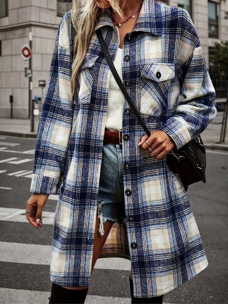 Women’s Plaid Shacket Set – Flannel Shirt Jacket & Distressed Denim Shorts