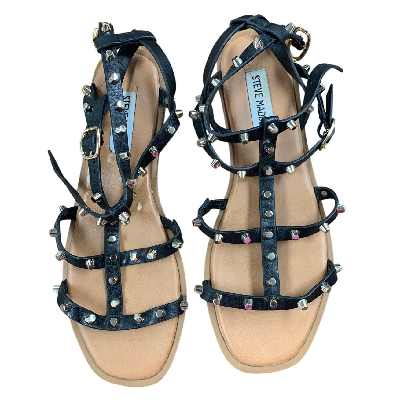 Steve Madden Womens Size 7.5 Black Studded Sandal Open Square Ankle Strap Shoes
