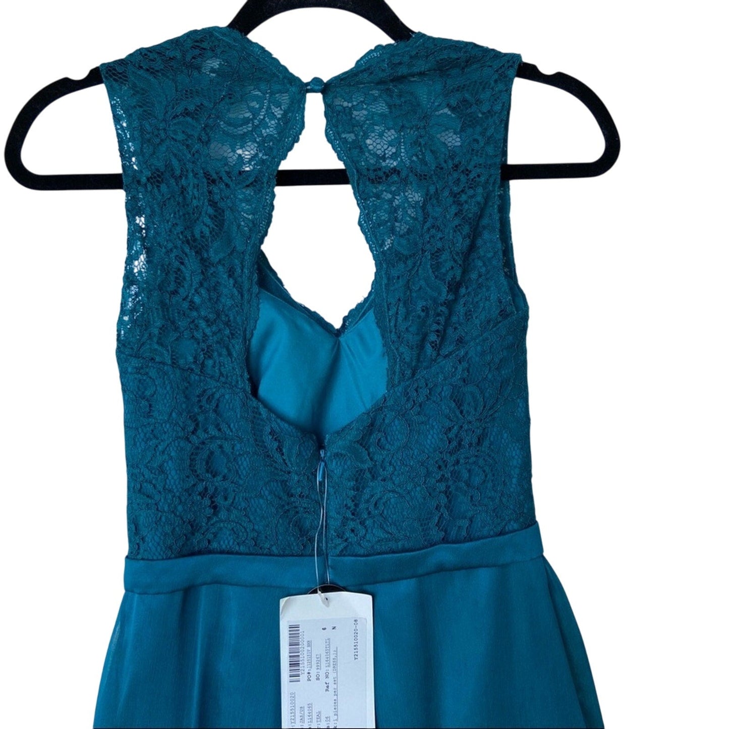 NWT New Belsoie Size 6 Teal Deep V-Neck Floral Lace Lined Sleeveless Maxi Dress