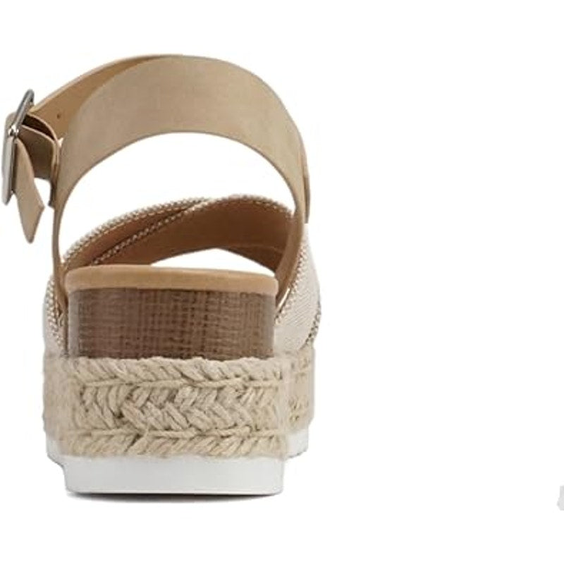 Soda Womens 8.5 FIRELY Tan Canvas Open Toe Ankle Strap 2.25" Platform Sandals