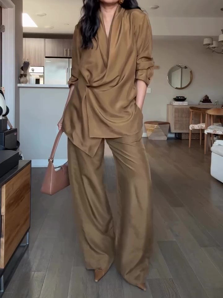 Wrap-Style Satin Blouse And Wide-Leg Pants Set