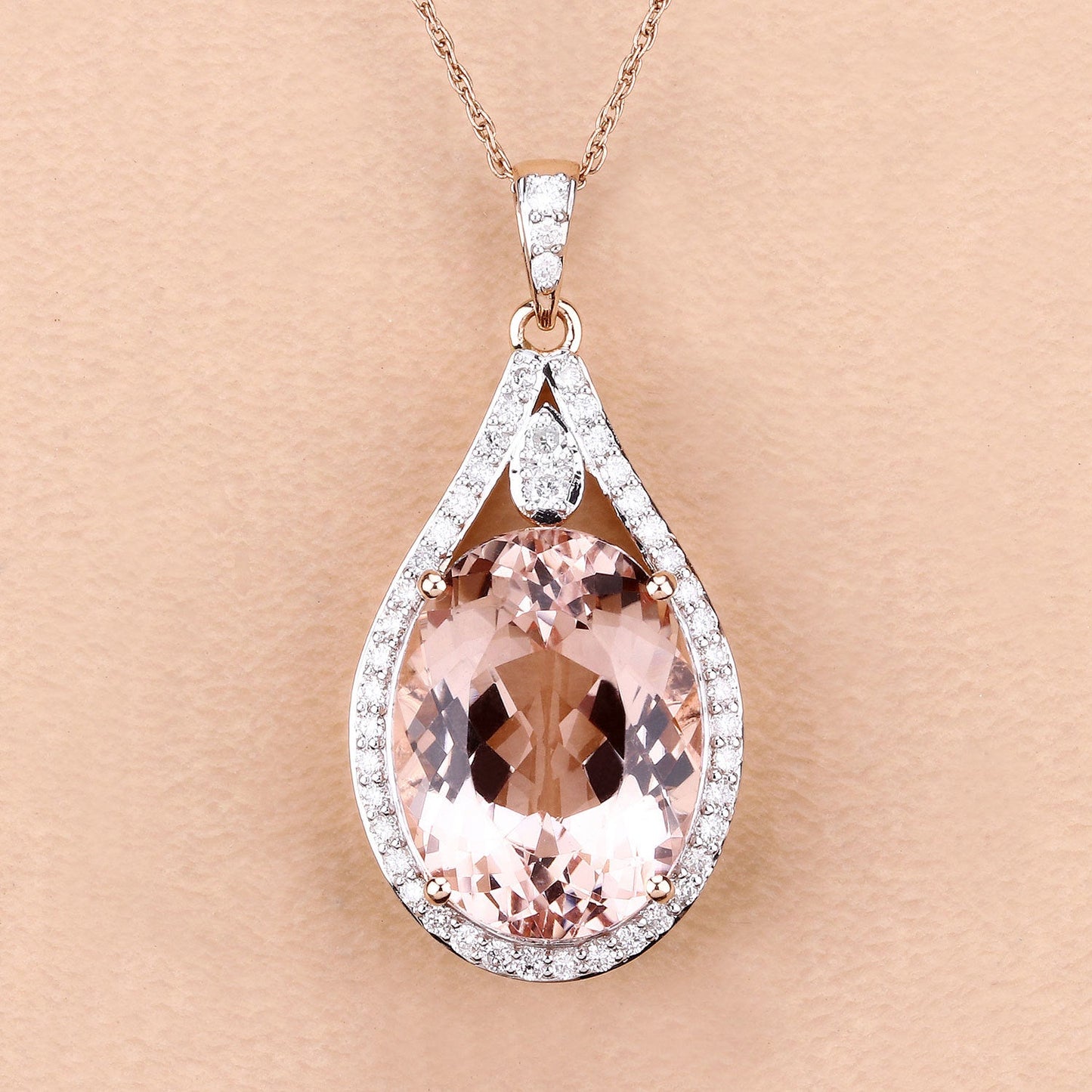 9.31 Carat Genuine Morganite and White Diamond 14K Rose Gold Pendant