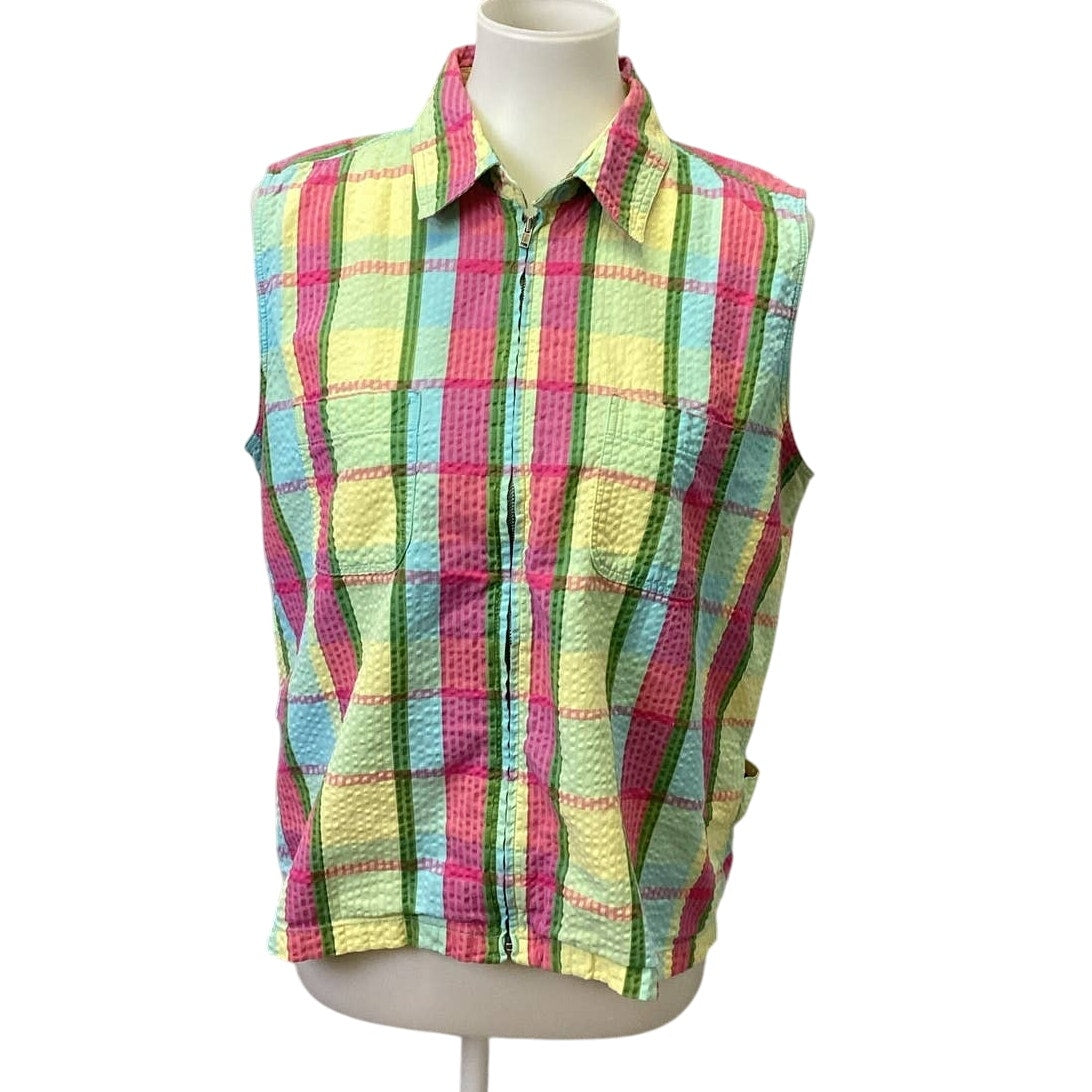 Christopher & Banks Large Full Zip Sleeveless Plaid Cotton Blend Shirt Tank Top