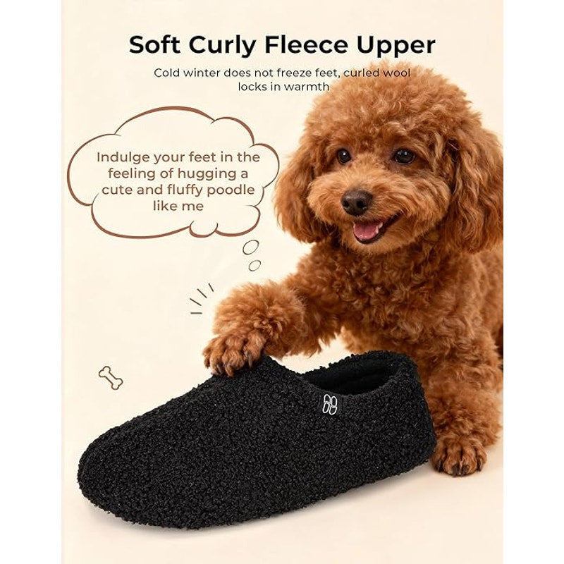 HomeTop Womens Size 7/8 Black Fuzzy Curly Fur Slide On Memory Foam Slippers