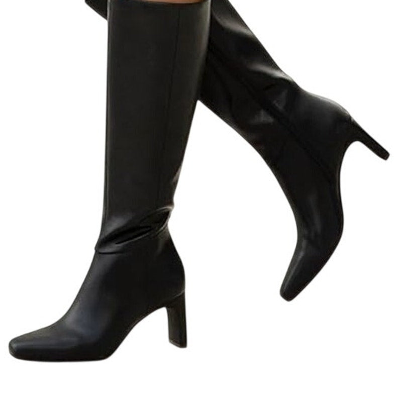 Athlefit Womens Size 8 Black Faux Leather 3" Block Heel Knee High Side Zip Boots