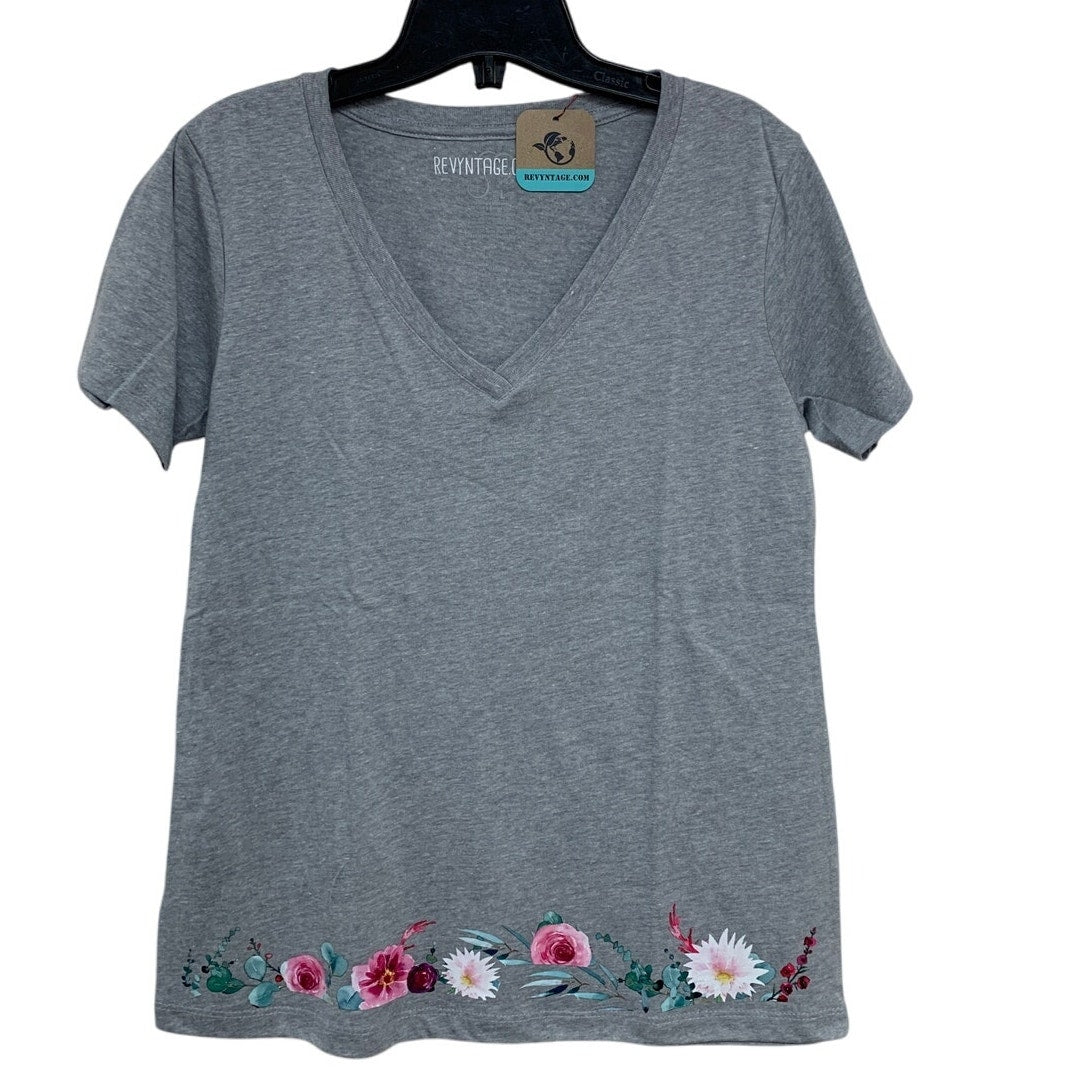 New Hand Printed Large Heathered Gray Floral Wrap Around Short Sleeve Tee Shirt