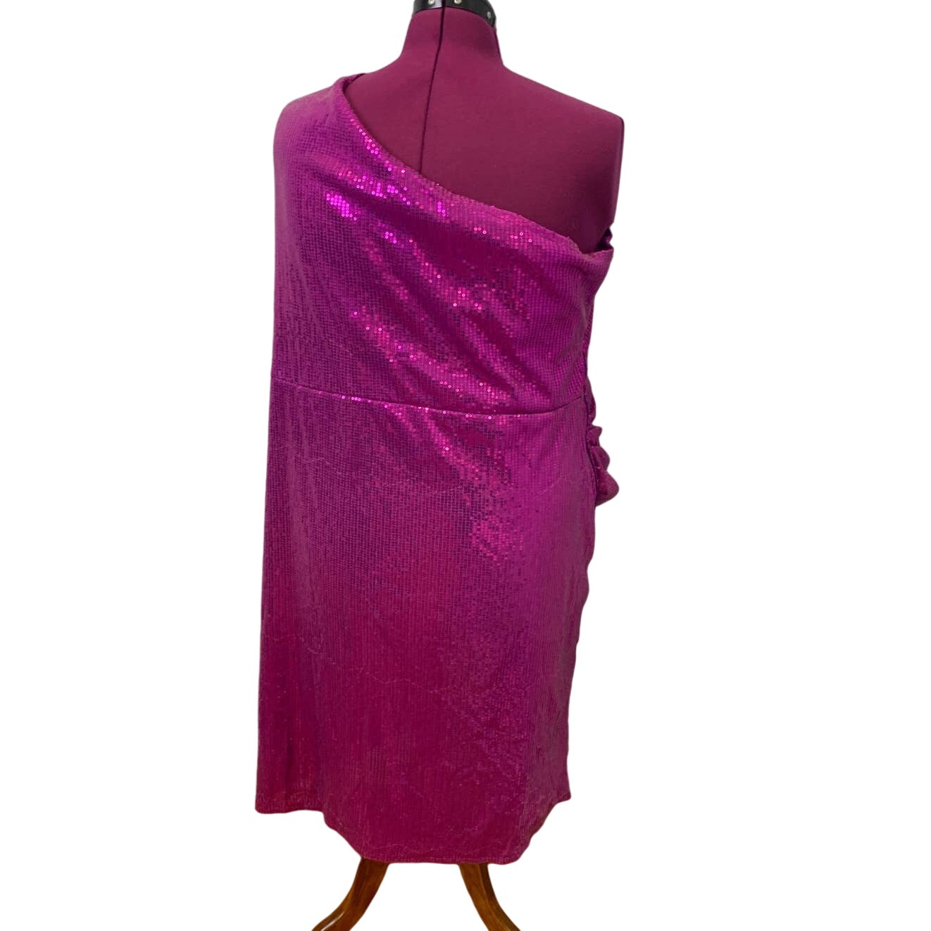 XPlus Wear Plus Size 5X One Shoulder Pink Sequin Swooping Long Sleeve Dress