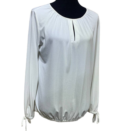 Beige by Eci Medium Long Sleeve Gathered Flowy Polyester Blend Keyhole Blouse