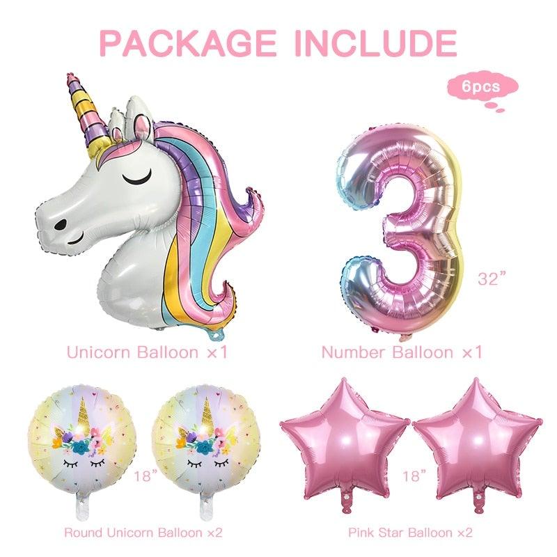 6pcs Rainbow Unicorn Balloon And 32 inch Number Foil Balloons For Kids Unicorn Theme Birthday Party Decorations Baby Shower Girl Party Birthday Decoration
