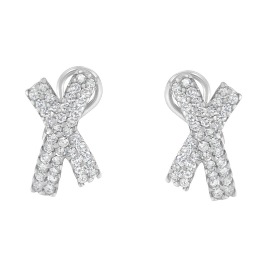 14K White Gold 2.0 Cttw Round-Brilliant Cut Diamond Domed X Shaped Omega Back Stud Earrings (H-I Color, I1-I2 Clarity)-0