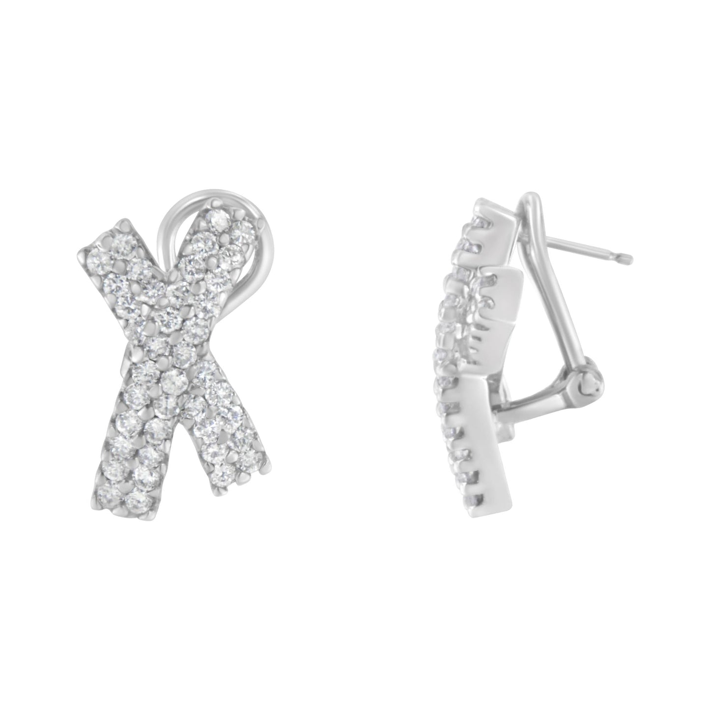 14K White Gold 2.0 Cttw Round-Brilliant Cut Diamond Domed X Shaped Omega Back Stud Earrings (H-I Color, I1-I2 Clarity)-1