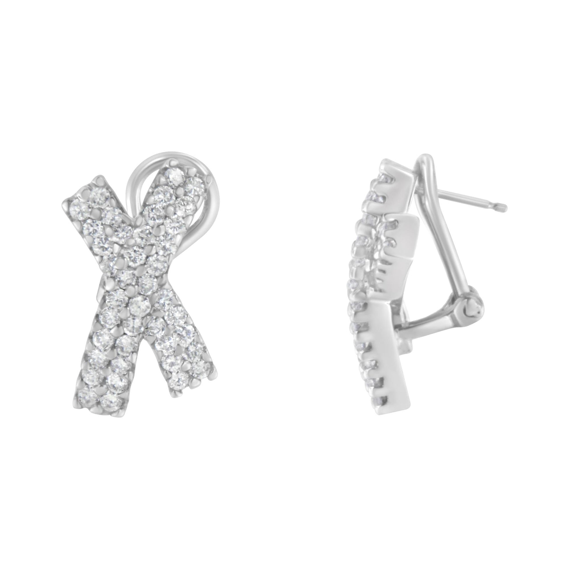 14K White Gold 2.0 Cttw Round-Brilliant Cut Diamond Domed X Shaped Omega Back Stud Earrings (H-I Color, I1-I2 Clarity)-1