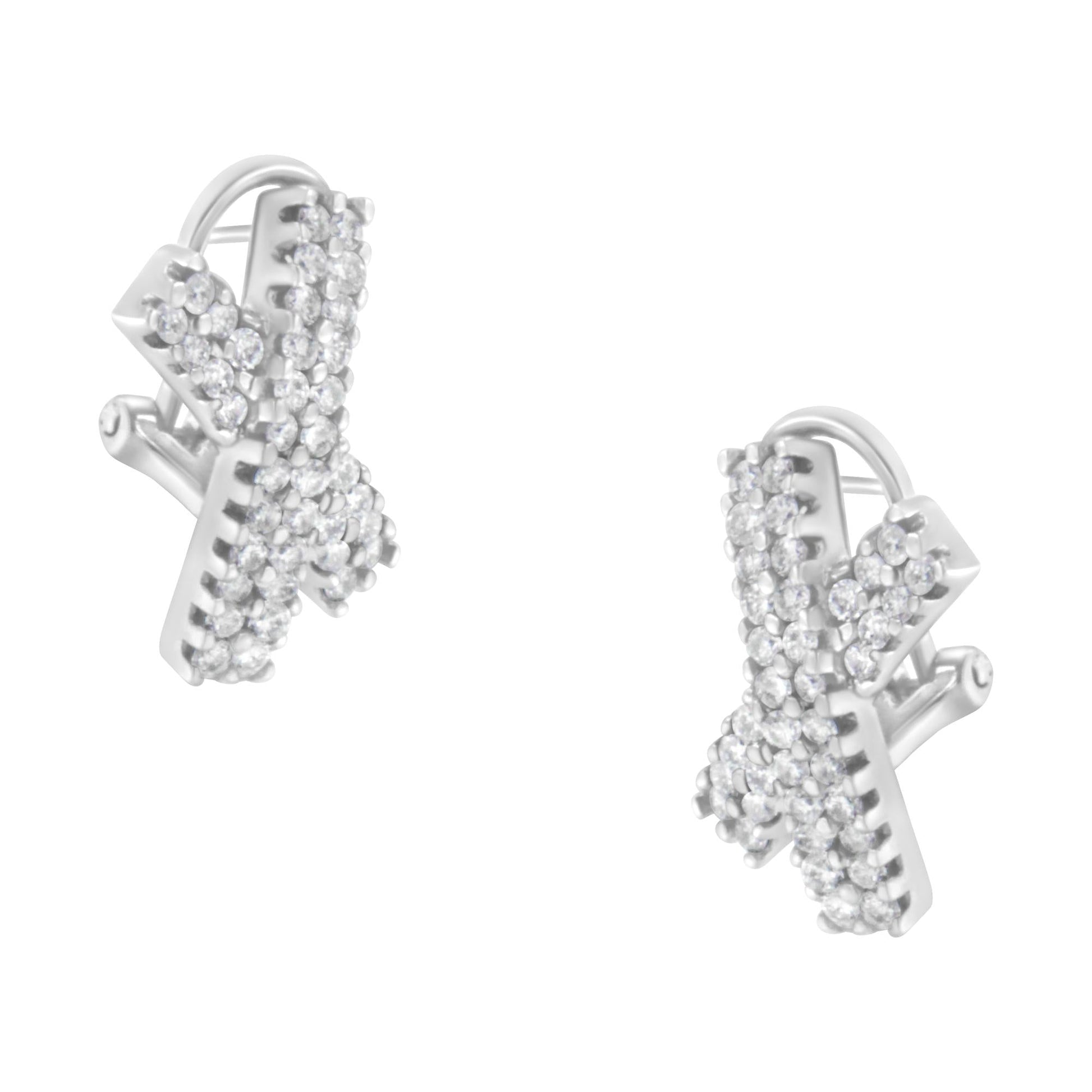 14K White Gold 2.0 Cttw Round-Brilliant Cut Diamond Domed X Shaped Omega Back Stud Earrings (H-I Color, I1-I2 Clarity)-3