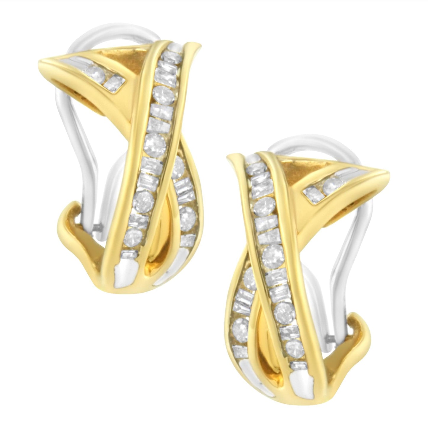 14K Yellow and White Gold 1/2 TDW "X" Shape Cross Over Diamond Hoop Earrings (I-J, I2-I3)-0