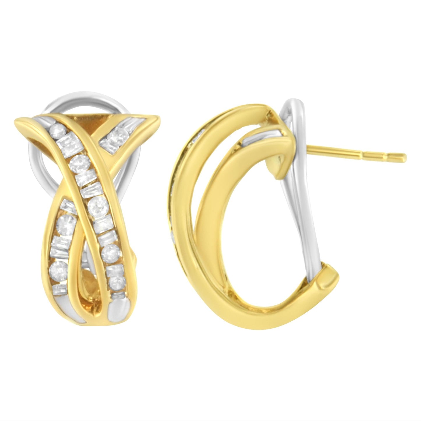 14K Yellow and White Gold 1/2 TDW "X" Shape Cross Over Diamond Hoop Earrings (I-J, I2-I3)-1