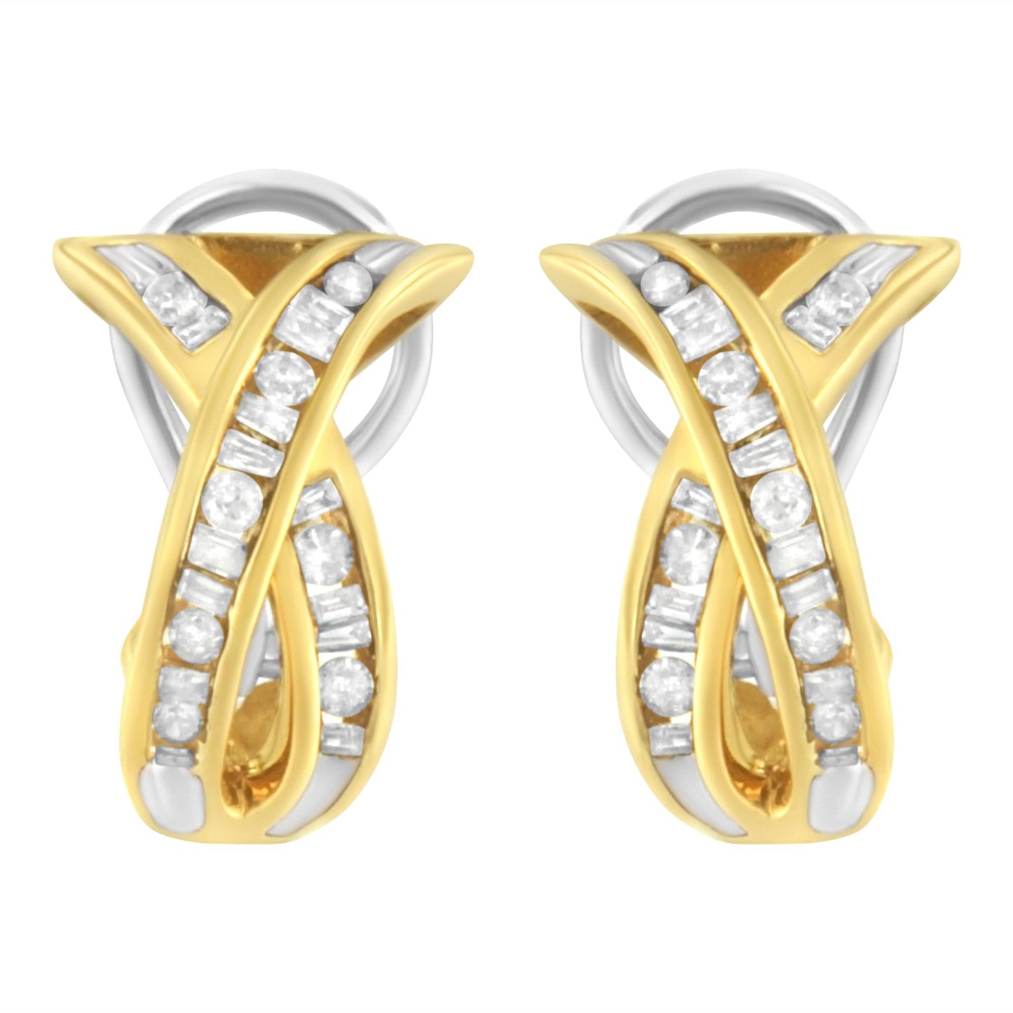 14K Yellow and White Gold 1/2 TDW "X" Shape Cross Over Diamond Hoop Earrings (I-J, I2-I3)-3