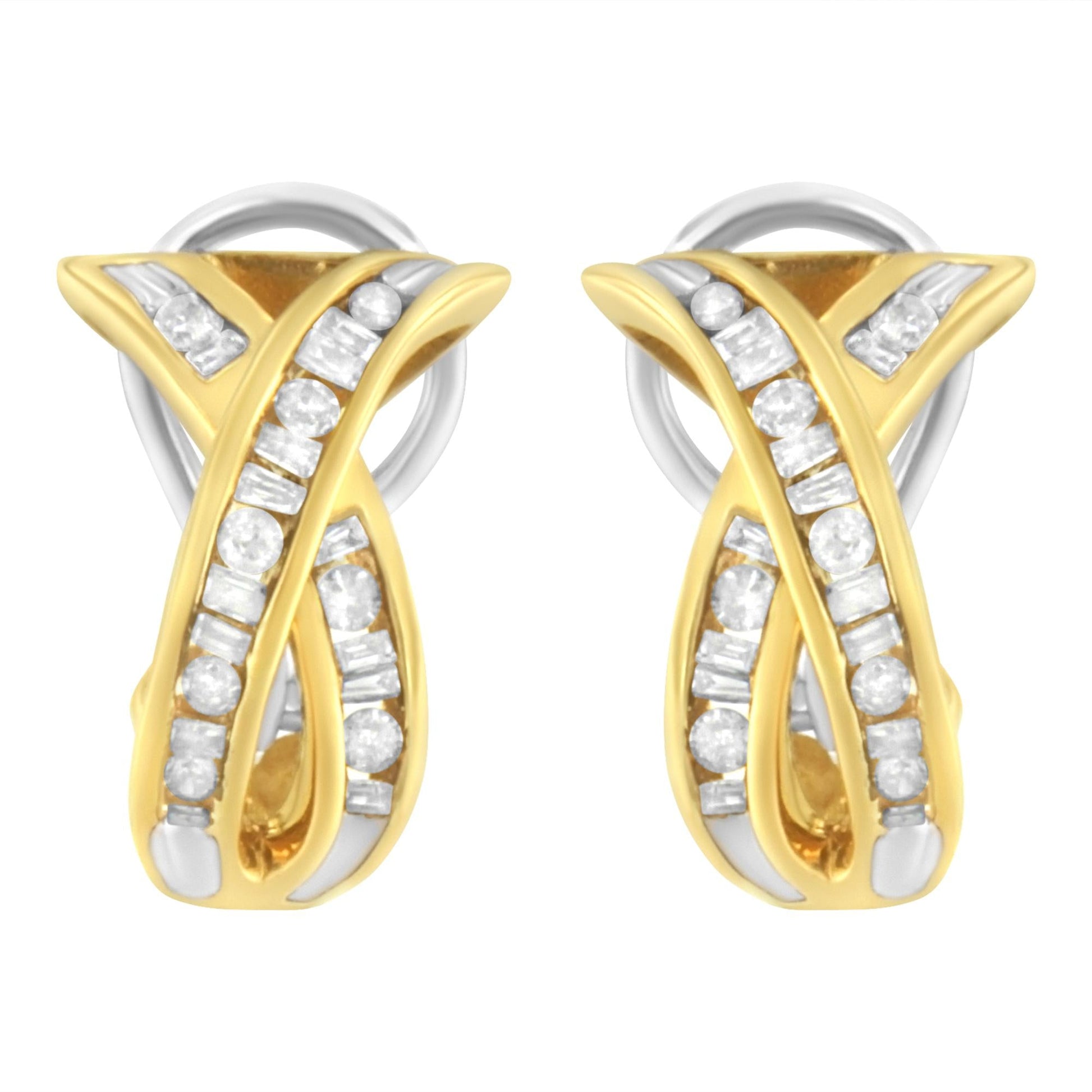 14K Yellow and White Gold 1/2 TDW "X" Shape Cross Over Diamond Hoop Earrings (I-J, I2-I3)-3