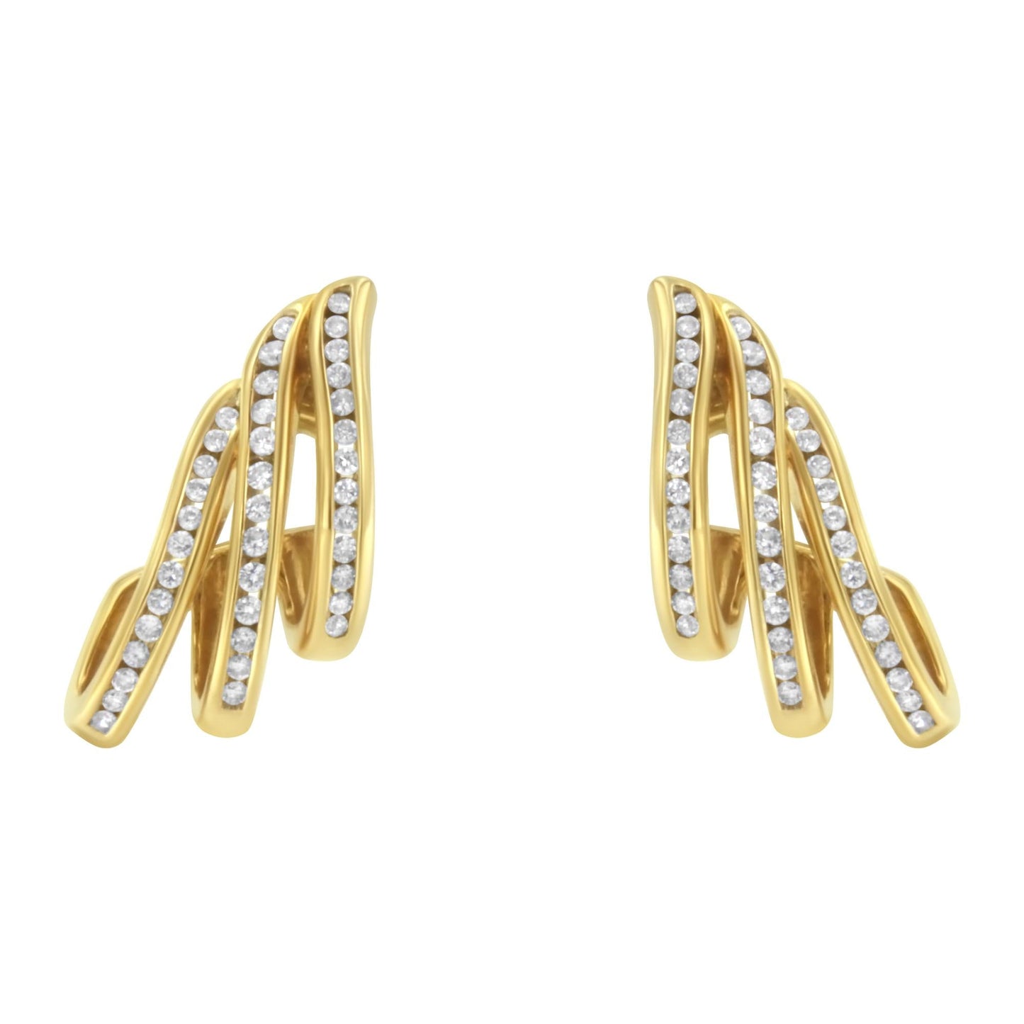 10K Yellow Gold 1.0 Cttw Round Brilliant Cut Diamond Spiral Multi Row Channel Set Open Hoop Pushback Stud Earrings (H-I Color, I1-I2 Clarity)-0