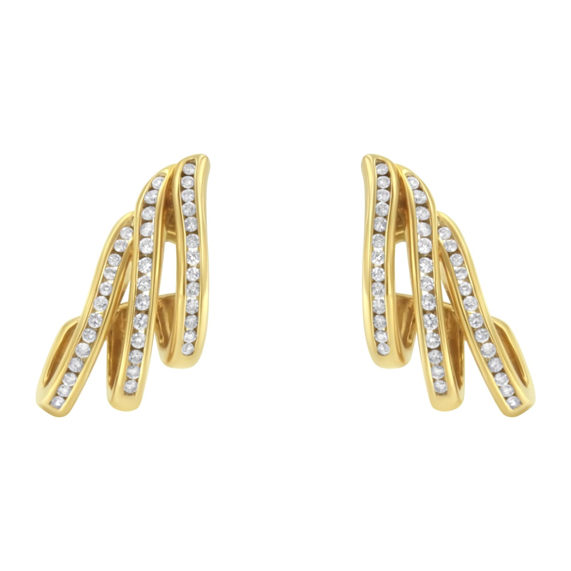 10K Yellow Gold 1.0 Cttw Round Brilliant Cut Diamond Spiral Multi Row Channel Set Open Hoop Pushback Stud Earrings (H-I Color, I1-I2 Clarity)-0