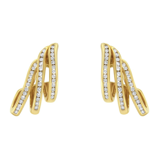 10K Yellow Gold 1.0 Cttw Round Brilliant Cut Diamond Spiral Multi Row Channel Set Open Hoop Pushback Stud Earrings (H-I Color, I1-I2 Clarity)-0