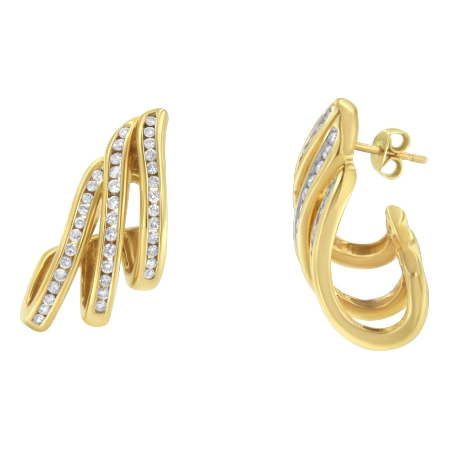 10K Yellow Gold 1.0 Cttw Round Brilliant Cut Diamond Spiral Multi Row Channel Set Open Hoop Pushback Stud Earrings (H-I Color, I1-I2 Clarity)-3