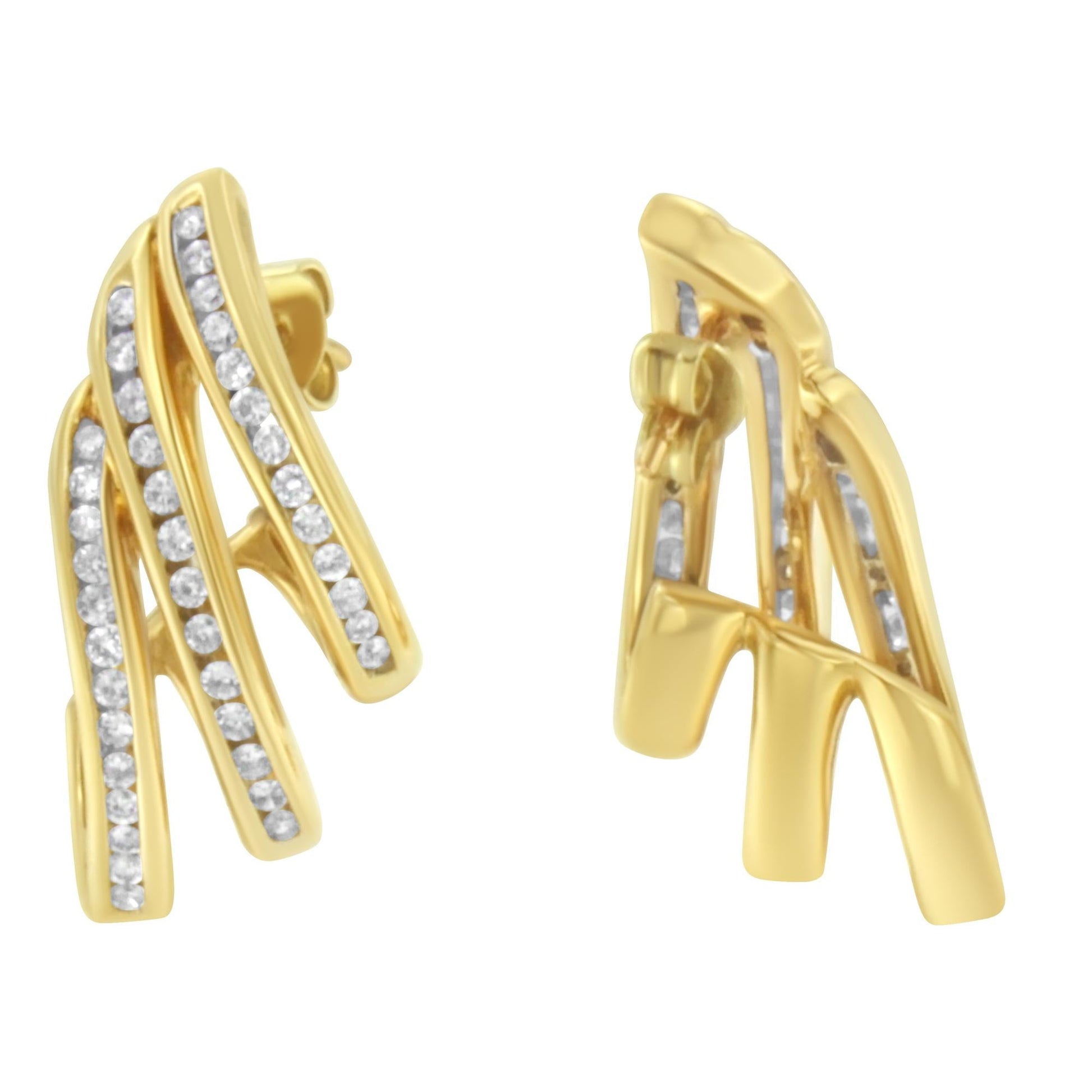10K Yellow Gold 1.0 Cttw Round Brilliant Cut Diamond Spiral Multi Row Channel Set Open Hoop Pushback Stud Earrings (H-I Color, I1-I2 Clarity)-4