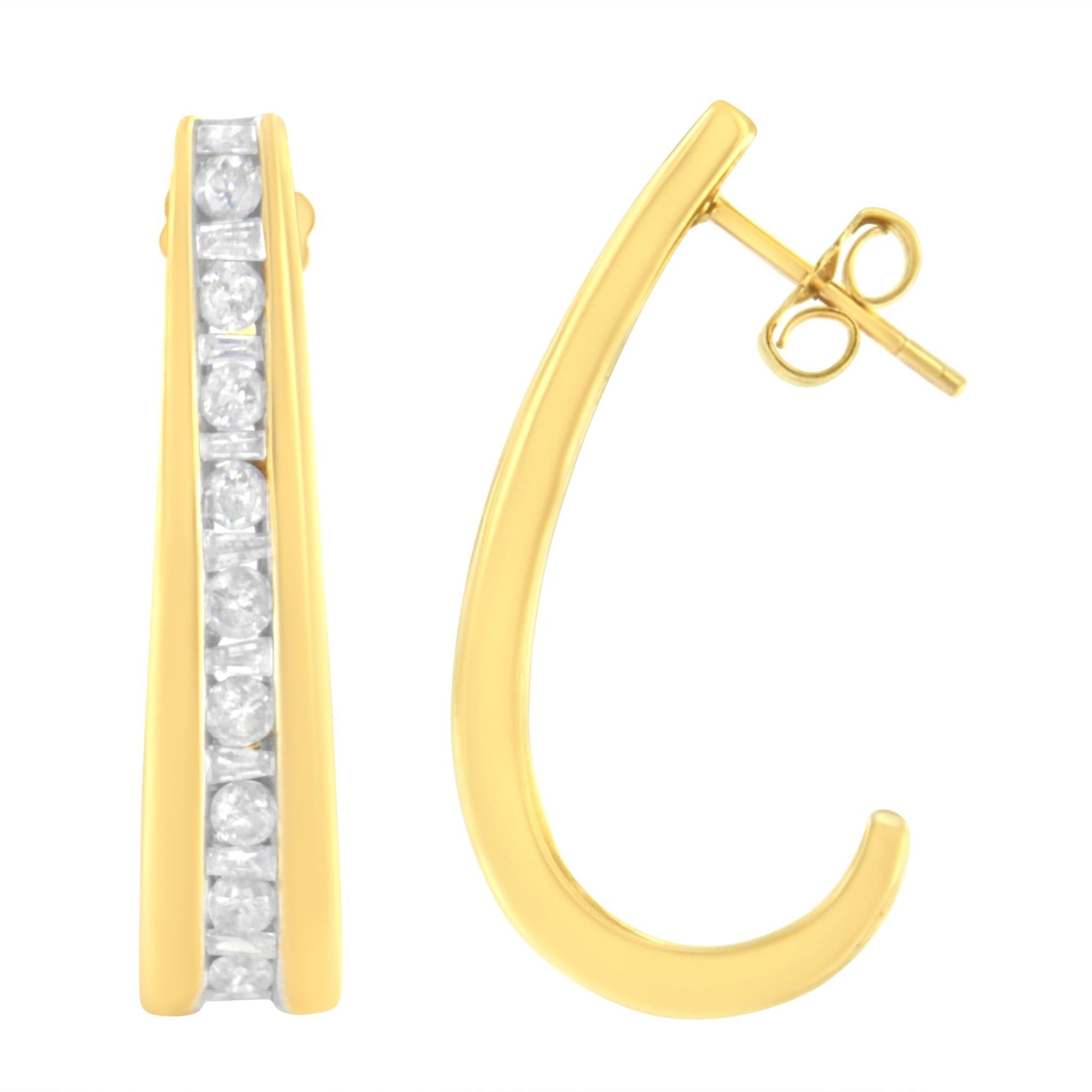 10K Yellow Gold 1 cttw Channel Set Diamond J-Hoop Earrings (H-I Clarity, I1-I2 Color)-1