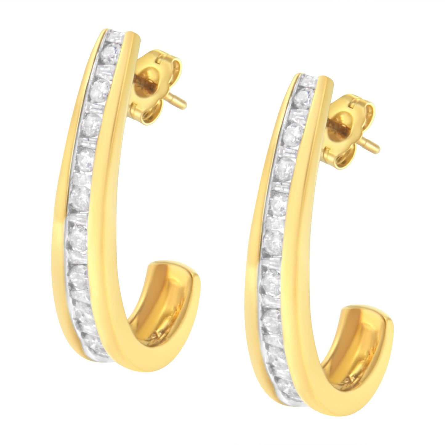 10K Yellow Gold 1 cttw Channel Set Diamond J-Hoop Earrings (H-I Clarity, I1-I2 Color)-4