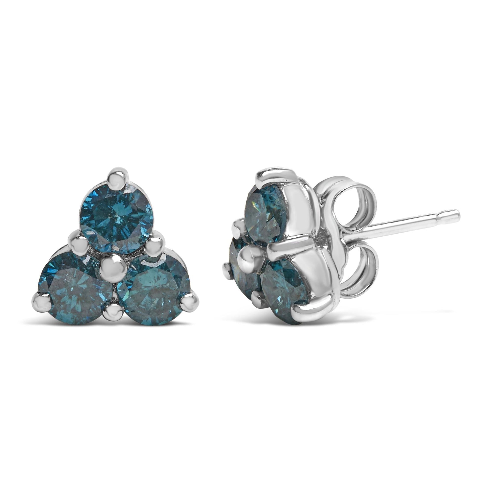 14KT White Gold Treated Blue Diamond Trio Stud Earrings (1 1/3 cttw, Blue)-1