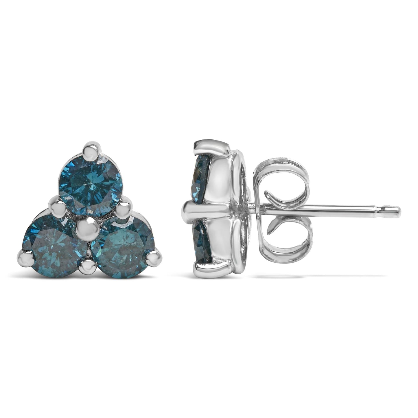 14KT White Gold Treated Blue Diamond Trio Stud Earrings (1 1/3 cttw, Blue)-3
