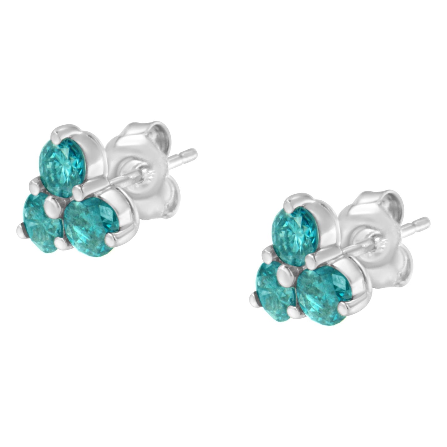 14KT White Gold Treated Blue Diamond Trio Stud Earrings (1 1/3 cttw, Blue)-4