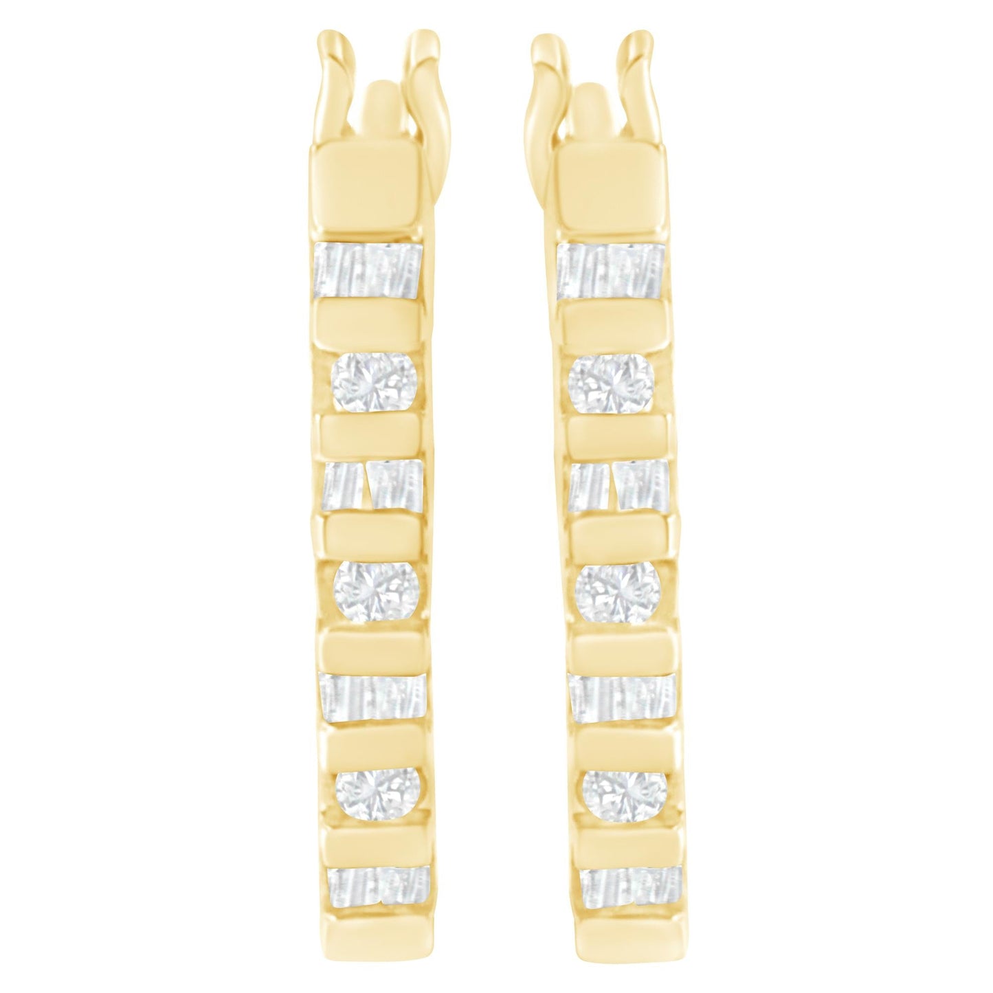 10K Yellow Gold Round and Baguette Cut Diamond Oblong Hinged Leverback Hoop Earrings (¼ Cttw, I-J Color, I2-I3 Clarity)-3
