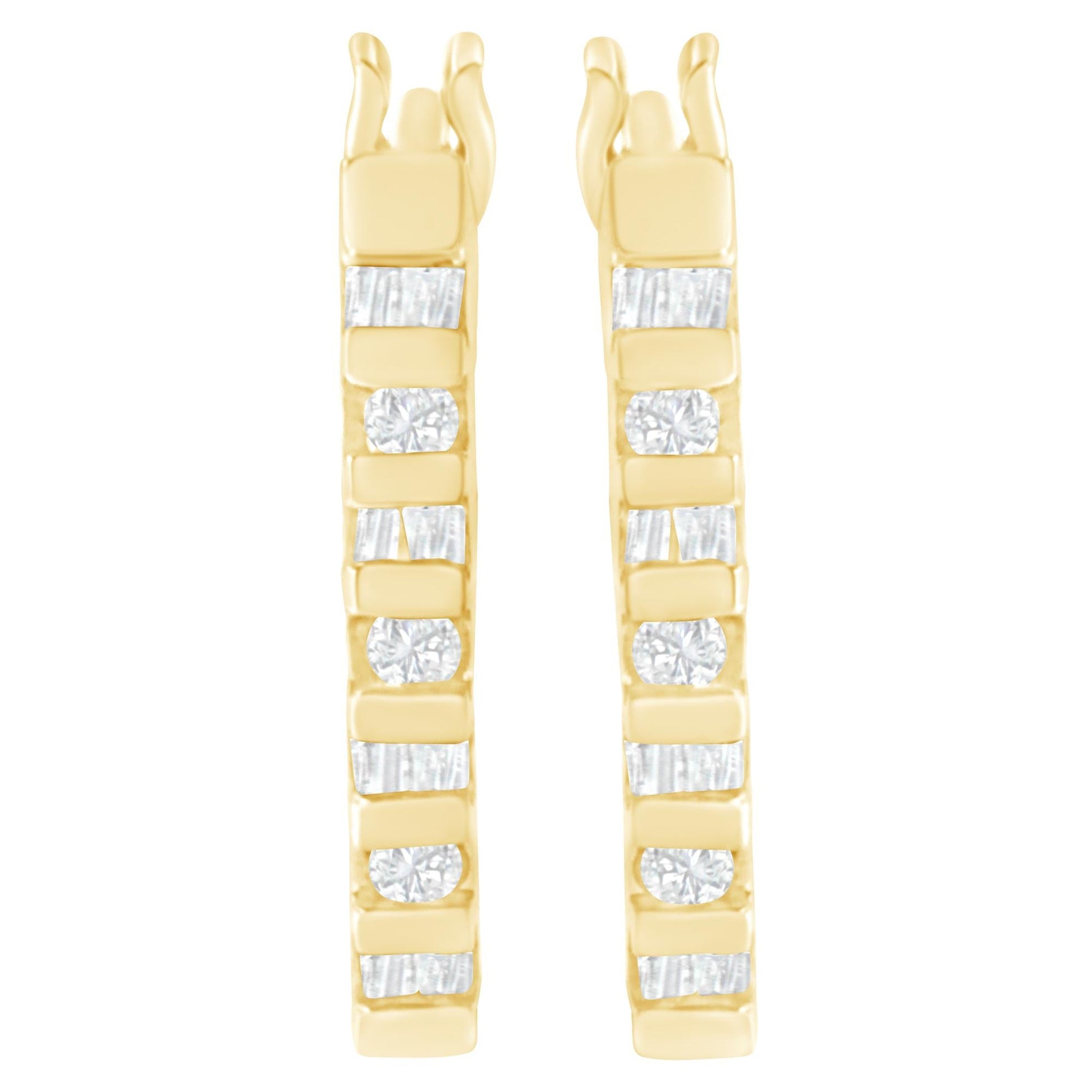 10K Yellow Gold Round and Baguette Cut Diamond Oblong Hinged Leverback Hoop Earrings (¼ Cttw, I-J Color, I2-I3 Clarity)-3