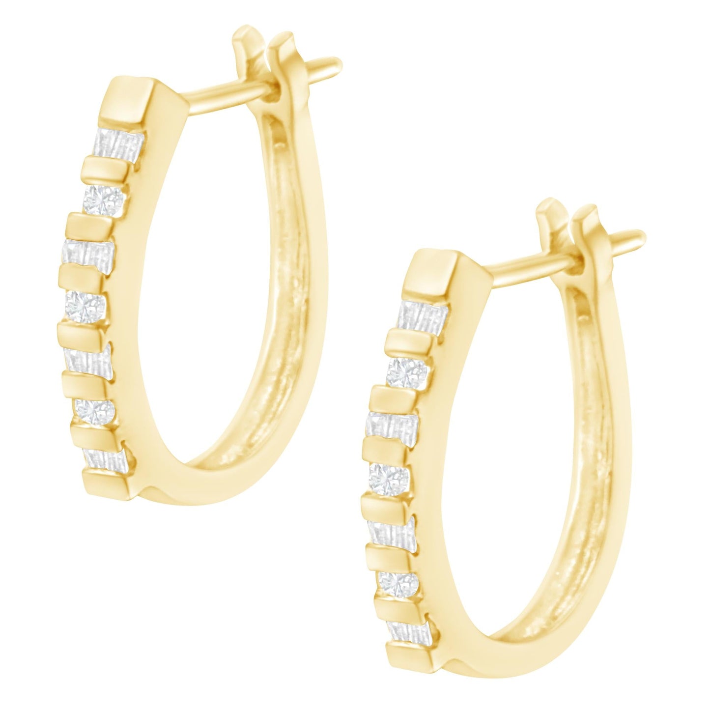10K Yellow Gold Round and Baguette Cut Diamond Oblong Hinged Leverback Hoop Earrings (¼ Cttw, I-J Color, I2-I3 Clarity)-4