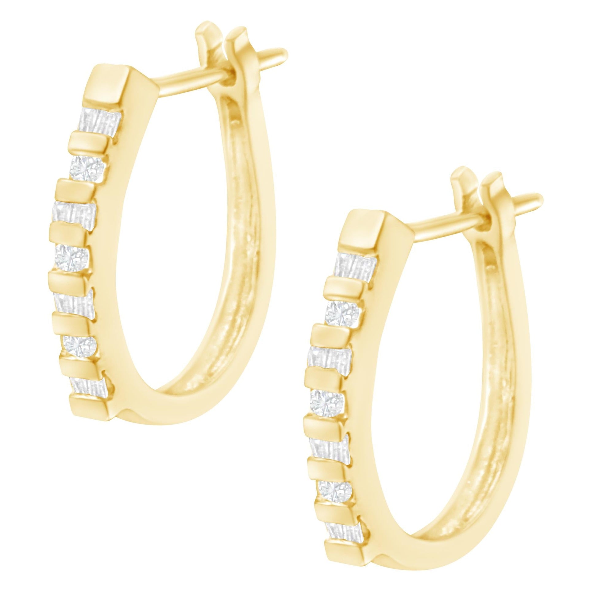 10K Yellow Gold Round and Baguette Cut Diamond Oblong Hinged Leverback Hoop Earrings (¼ Cttw, I-J Color, I2-I3 Clarity)-4