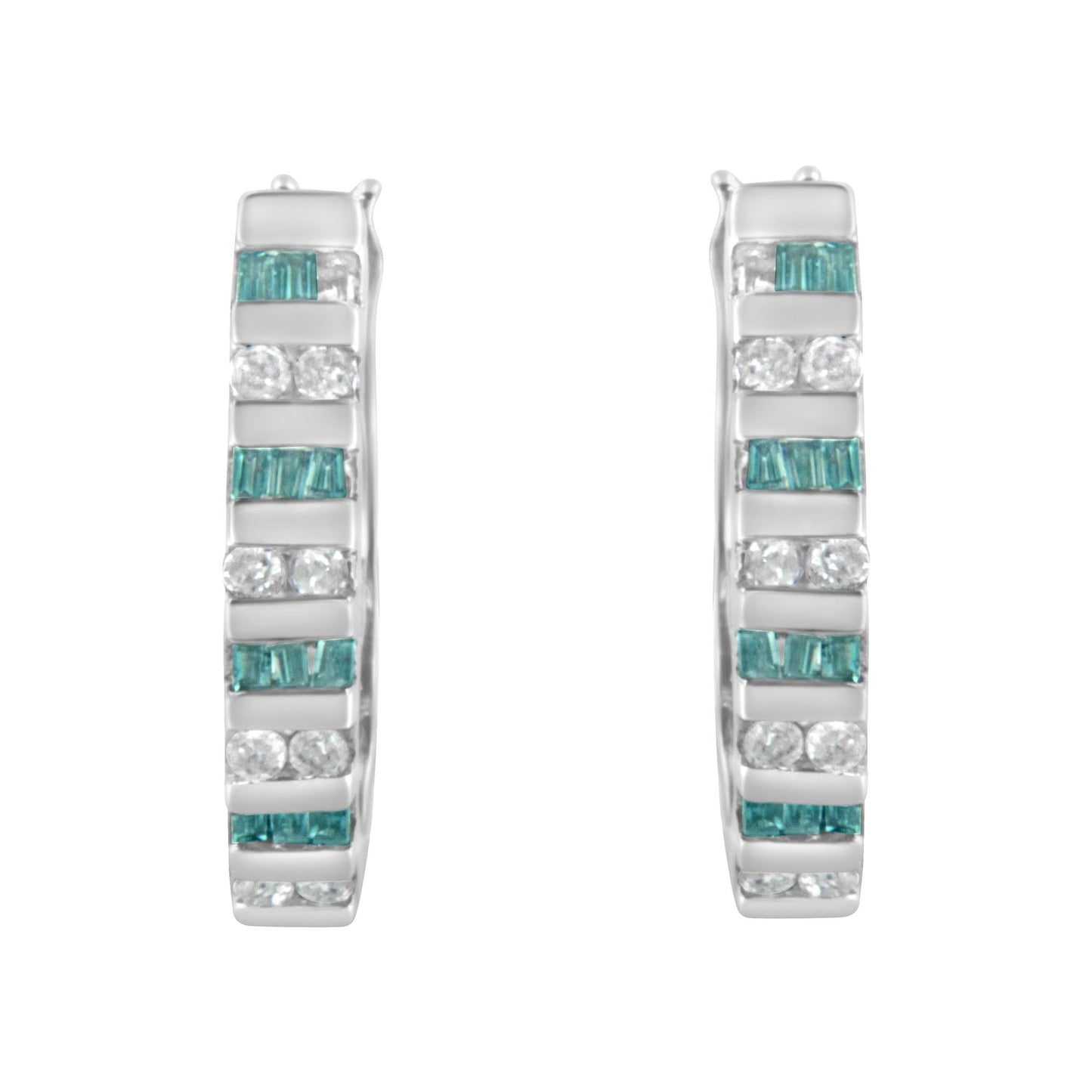 10k White Gold Round and Blue Baguette Diamond Hoop Earrings (0.50 cttw, I-J Color, I2-I3 Clarity)-3