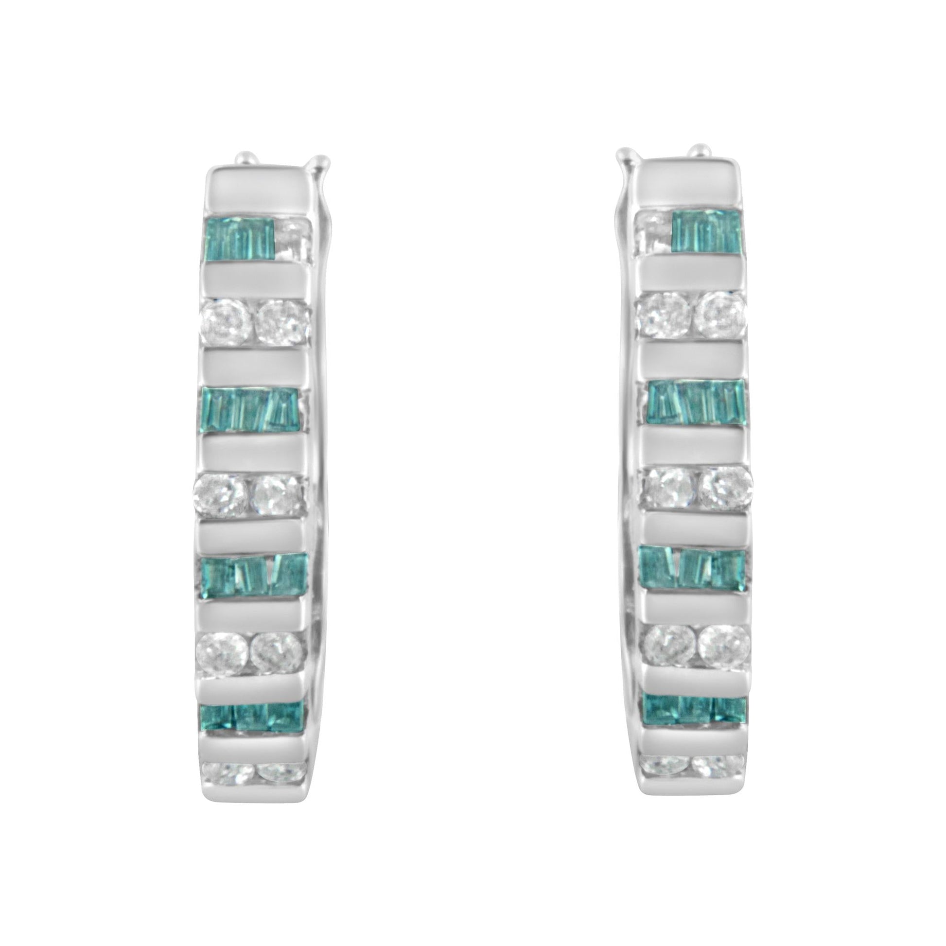 10k White Gold Round and Blue Baguette Diamond Hoop Earrings (0.50 cttw, I-J Color, I2-I3 Clarity)-3