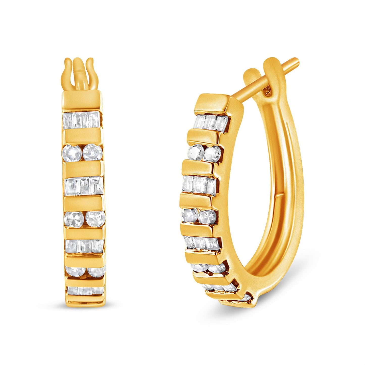 10K Gold Round and Baguette-Cut Diamond Hoop Earrings (I-J Color, I2-I3 Clarity)-1