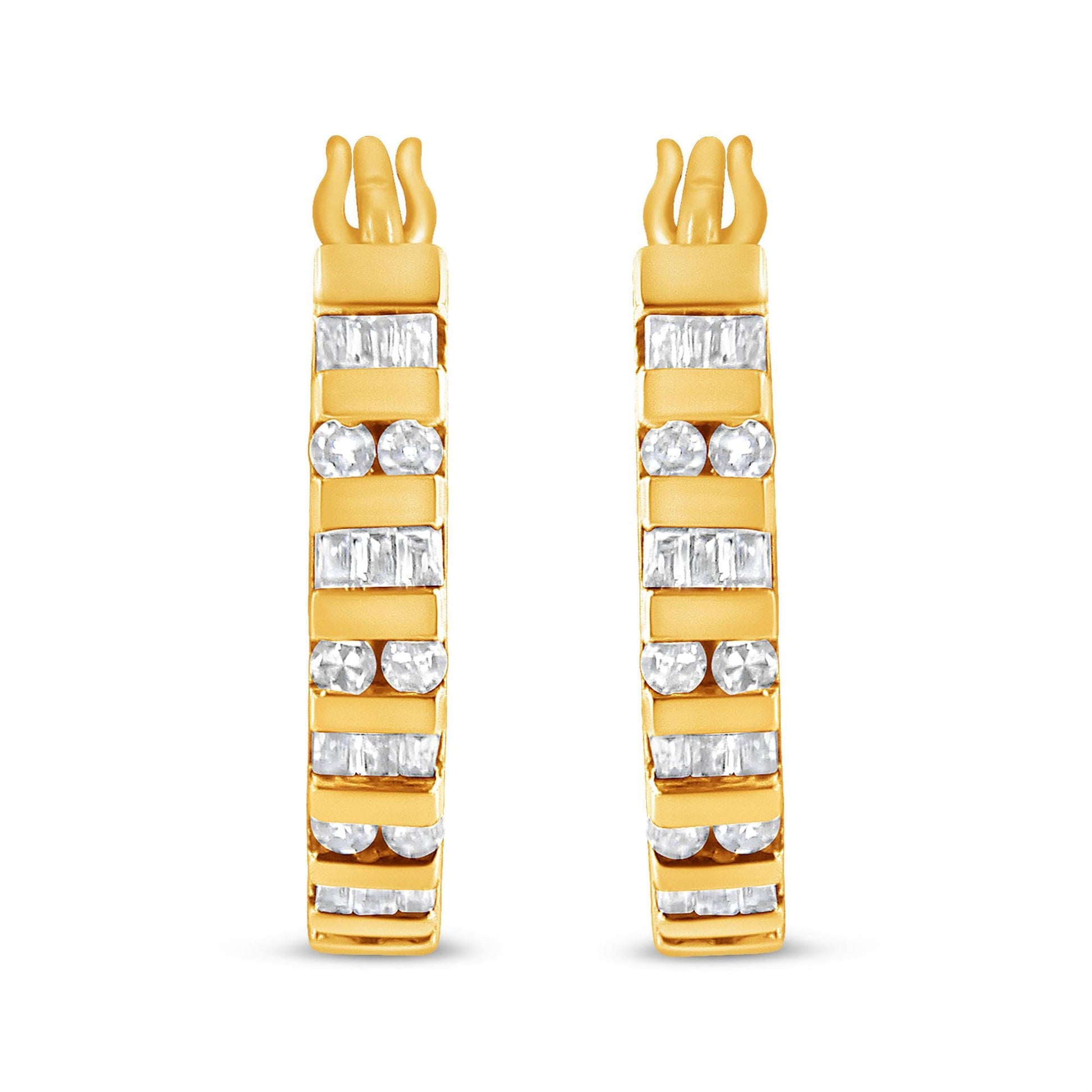 10K Gold Round and Baguette-Cut Diamond Hoop Earrings (I-J Color, I2-I3 Clarity)-3